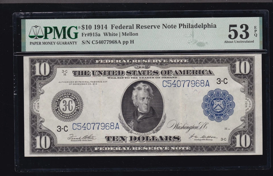 US 1914 $10 FRN Philadelphia Note FR 915A PMG 53 EPQ Ch AU (968) - Image 1 of 2