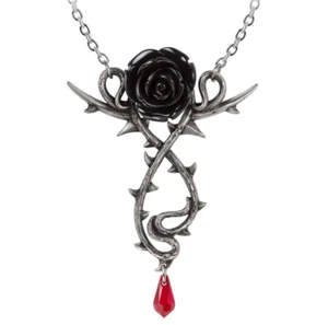 Alchemy Gothic Carpathian Black Rose Necklace Red Crystal Blood Drop Thorny P928 - Picture 1 of 2