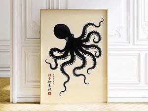 Póster pulpo - Arte de pared océano tinta zen, regalo ilustración animal náutico - Imagen 1 de 5