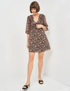 Zara Dress Chiffon Womens Size Small Black Floral Print Plunging Neck Mini Short - Picture 1 of 10