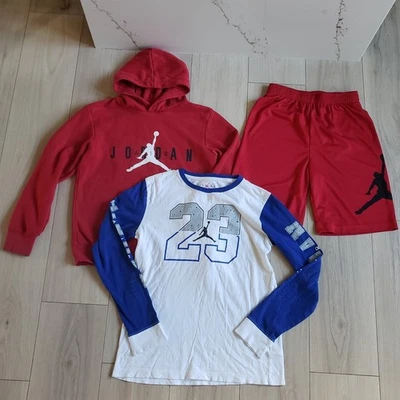 Jordan Boys Clothing Lot 3pc Size L Hoodie Shirt Shorts Jumpman 23 Red Blue - Image 1 of 4