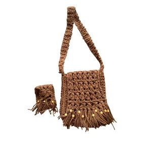 Handmade Crochet Brown Fringe Crossbody Bag & Pouch Set - Picture 1 of 7
