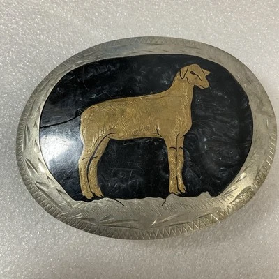 Vintage B K Handcrafted Sheep Western Metal Oval Belt Buckle - Image 1 of 4