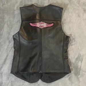 Harley Davidson Biker/motorcycle LEATHER Vest- Women’s SIZE S - BLACK PINK Wings - Picture 1 of 11