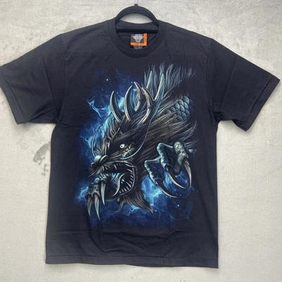 Camisa Y2K Rock Eagle Lg Negra Puntada Única Dragón Doble Cara Brilla Grunge Foto 1 de 4