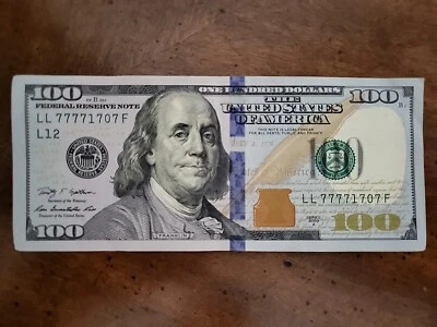  LUCK 7's $100 Dollar Bill 4 Of A Kind Or 6 Of A Kind  LL77771707F 2009A Fancy  - Image 1 of 3