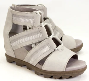 Sorel Joanie Womens Size US 9 Lace Wedge Sandals Saddle Ash Grey Peep Toe Shoes - Picture 1 of 11