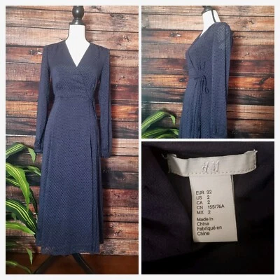 H&M Midi Dress Size 2 Long Sleeve Wrap Tie Textured Sheer Navy Blue Lined V-Neck - Image 1 of 4