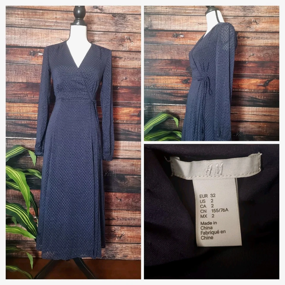 H&M Midi Dress Size 2 Long Sleeve Wrap Tie Textured Sheer Navy Blue Lined V-Neck - Image 1 of 4