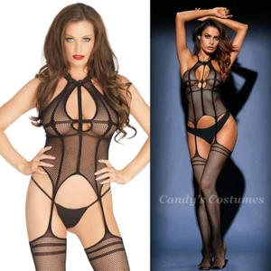 Black CAGE Design FISHNET Garter BODYSTOCKING Crotchless SUSPENDER Lingerie 6-10 - Picture 1 of 4