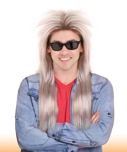 80's Mullett Wig, Mens Mix Brown with Blonde Retro Wig, Breathable Capless Cap - Picture 1 of 8