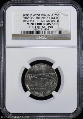 2005-P 25c West Virginia State Quarter NGC MS 66 | Obv Rev Die Break Greene Find - Image 1 of 4