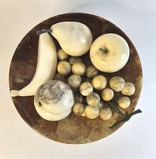 Vintage Alabaster Hand Carved Stone Fruit Bowl Apple Pear Peach Banana Grapes