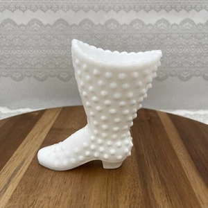 Vtg Fenton Hobnail Bumpy White Milk Glass Laced Boot Vintage 4 1/4" - Picture 1 of 12