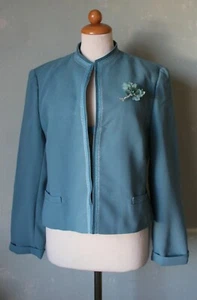 Jacke Blazer blau türkis Vintage 70er 80er schick Blumen Brosche 40 L  / 42 XL - Bild 1 von 3