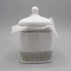 Bola de algodón de baño Q-Tip tarro de cerámica blanca con pedrería de cristal nuevo - Imagen 1 de 8