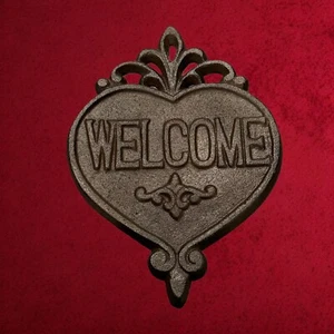 Heart Shaped Vintage Cast Iron Welcome Plaque Sign For Door Or Gate - Picture 1 of 2