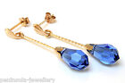 9ct Gold Blue Swarovski Crystal elements Drop Earrings Boxed Made in UK
