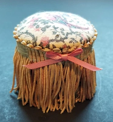 DOLLHOUSE MINIATURE  ARTISAN FRINGED  PINK FLORAL VANITY STOOL  BY P. GOTELLI - Image 1 of 4