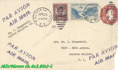 1932 Canal Zone Postal Stationery Airmail Cover Missent to Rochester NY - Image 1 of 4