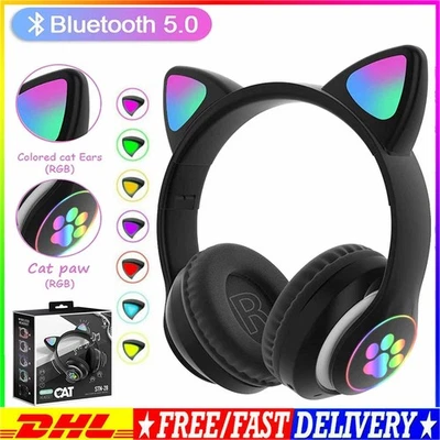 Kabellos Kopfhörer bluetooth 5.0 Katze Ohr LED-Licht für Kinder Faltbare Headset - Bild 1 von 4