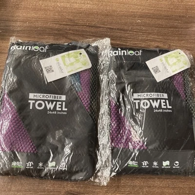 2 Rainleaf Microfiber Towel 24 x 48" w/Carrying Pouch Fast Drying Anti-Bacterial - Image 1 of 2