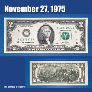 November 27, 1975 Birthday Anniversary $2 Two Dollar Bill Serial Number 11271975 - Picture 1 of 2