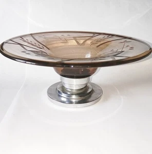 Coupe Verre fumé Gravé centre de table Art Déco - Picture 1 of 7