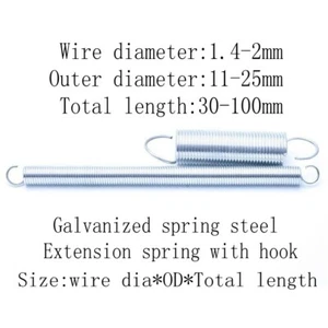 Galvanized Extension spring with hook Wire dia 1.4mm-2mm OD 11-25mm L 30mm-100mm - Picture 1 of 12
