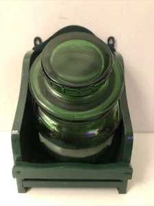 Vtg Price Imports Emerald Green Glass Airtight Jar Container Wood Holder Taiwan - Picture 1 of 12