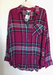 JANE DELANCY Shirt Womens Plaid Crinkle Button Up Blouse Top Sz L NEW - Picture 1 of 3