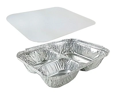 Bandeja de comida para llevar Handi-Foil de aluminio de 3 compartimentos con tapa de tablero paquete combinado de 50 Foto 1 de 4
