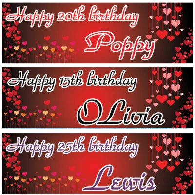2 Banners Cumpleaños Personalizados Corazones Adultos Niños Fiesta Cartel Decoración Foto 1 de 2