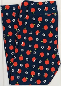 TC2 LuLaRoe Tall & Curvy 2 Leggings Red Apples Flowers on Dark Navy Blue NWT W81 - Picture 1 of 6