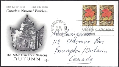 🍁Canada  #537 Pair   "MAPLE LEAVES IN AUTUMN"   Fine Used  1971 Rosecraft Cover - Image 1 of 2