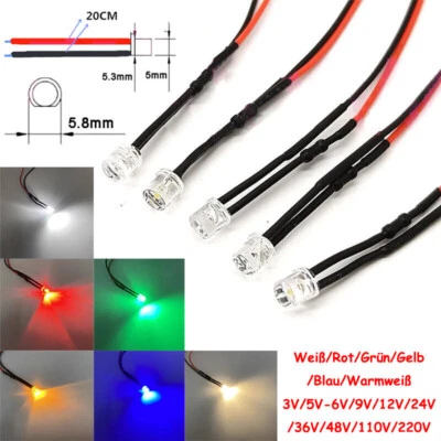 3V 6V 9V 12V - 220V 6 Farben 5mm Vorverdrahtet Flat Top Weitwinkel LED Ultrahell - Bild 1 von 4