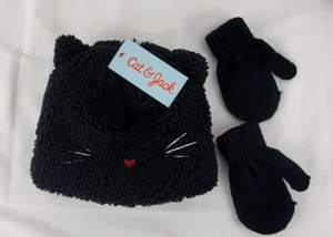 NEW Cat & Jack Toddler Girls Black Cat Fleece Hat & Mittens Set Ears 12-24 Month - Picture 1 of 6