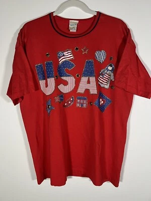 Camiseta De Colección Y2K India Ink Rara EE. UU. Patriótica Pintada a Mano Roja OS Cuentas Foto 1 de 4