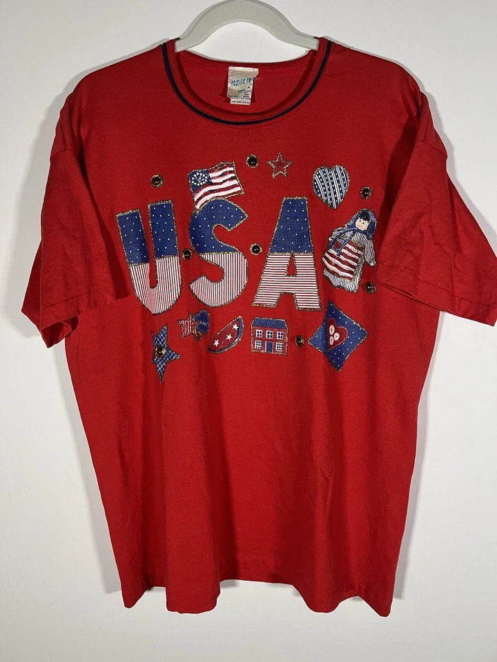 Camiseta De Colección Y2K India Ink Rara EE. UU. Patriótica Pintada a Mano Roja OS Cuentas Foto 1 de 4