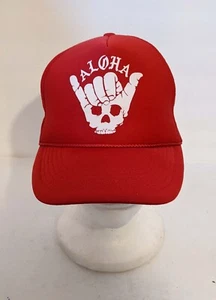 Aloha Skull Shaka Hang Loose Red Mesh Trucker Snapback Hat Cap Surfing Nissun - Picture 1 of 3