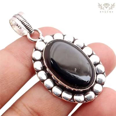 Onice Nera Gemma 925 Ciondolo Placcato Argento Handmade Gioielli Regalo 3.8cm - Immagine 1 di 3