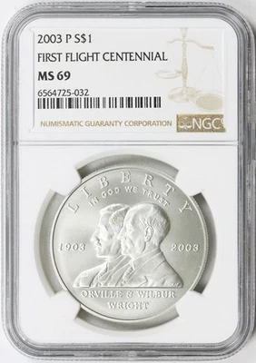 2003-P $1 First Flight Centennial Commemorative Silver Dollar NGC MS69 - Image 1 of 4