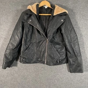Rockmans Jacket Womens 10 Black Faux Leather Laser Biker Fleece Hood Hooded A7 - Picture 1 of 12