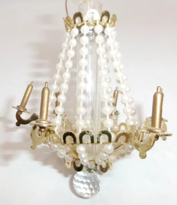 Dollhouse Miniature Chandelier Handcrafted Ornate 6 Arm Crystal Faux Pearl Gold - Image 1 of 4