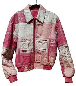 Vtg Cash Money Leather Jacket Coat World Currency Hip Hop Rap SZ 2XL Unisex Pink - Picture 1 of 16