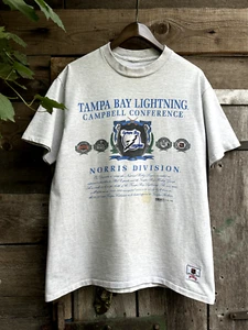 Vintage 1992 Tampa Bay Lightning NHL Hockey Nutmeg T-Shirt Single Stitch Size L - Picture 1 of 11