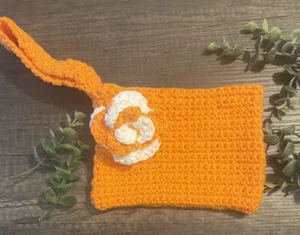 Orange Crochet  Wristlet Orange Whiteflower Clutch 100% cotton new Fits iPhone + - Picture 1 of 2