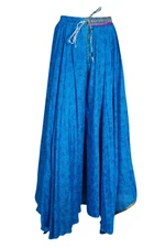 Boho Gypsy Hippy Blue Maxi Skirt Full Flared Divided Printed Uneven Skirts ML