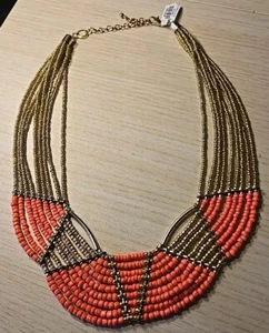 Boho Seed Bead Multi Strand Necklace Coral Pink Gold Tone New NWT Bohemian Adjus - Picture 1 of 6