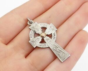 36mm x 19mm Solid 925 Sterling Silver Vintage Antiqued Celtic Knot Irish Claddagh Cross Pendant Charm 